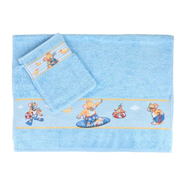 Leo Lausemaus Kinder Frottier-Set, 2-teilig, blau - mit flauschigem Kinderhandtuch und Waschhandschuh